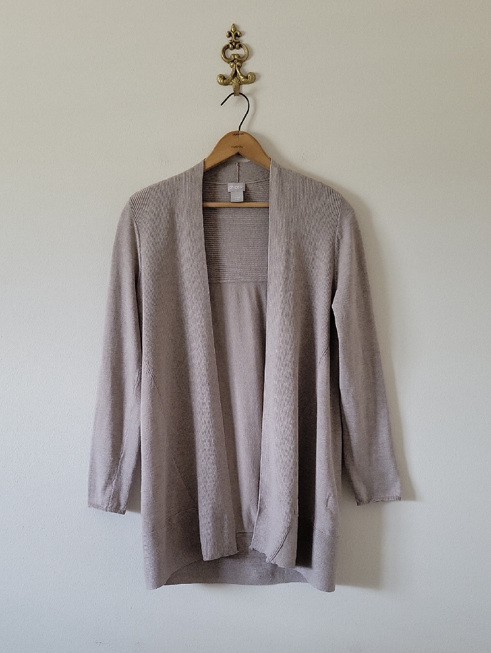 Chico'sā Taupe Lightweight Rib Mix Open Front Cardigan Size Medium